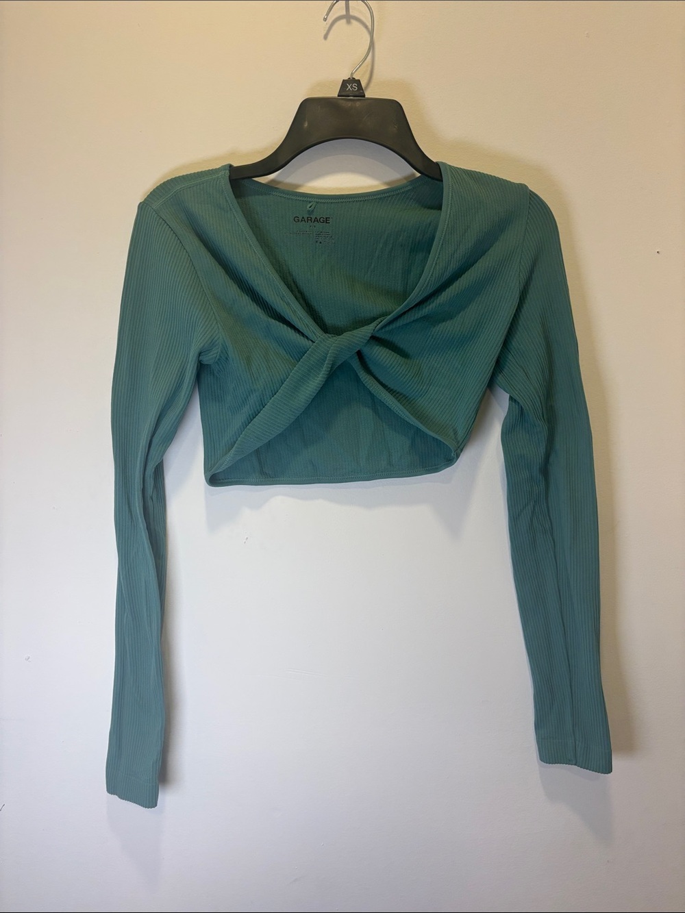 Garage Teal Twist-Front Ribbed Long-Sleeve Crop Top